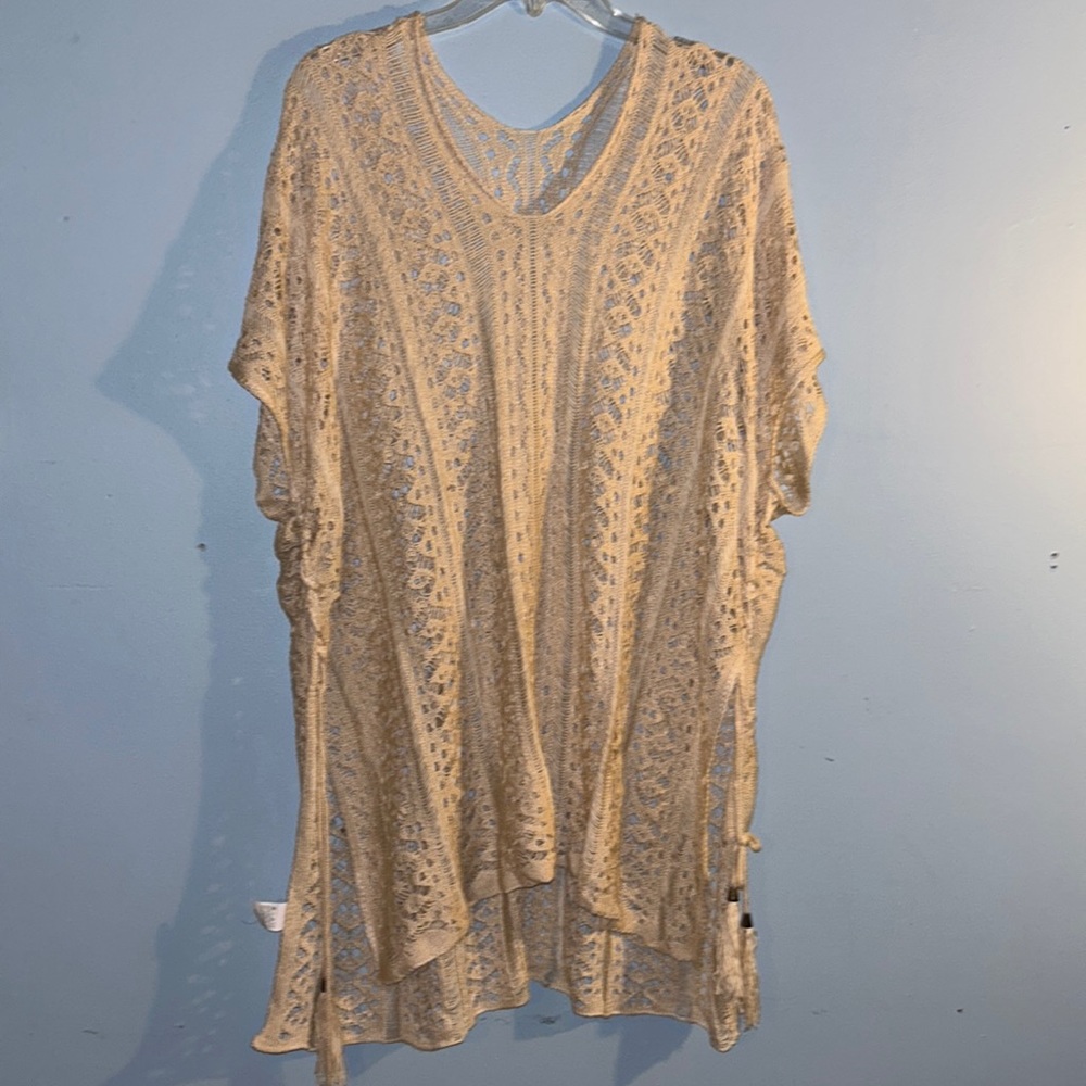 Boho hippie tan crochet vest cover up side ties oversized